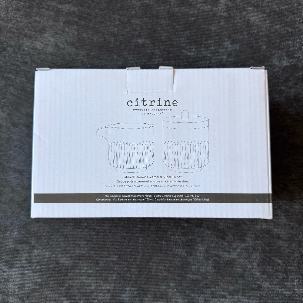 Citrine Everyday Collection ribbed ceramic creamer and sugar jar set.